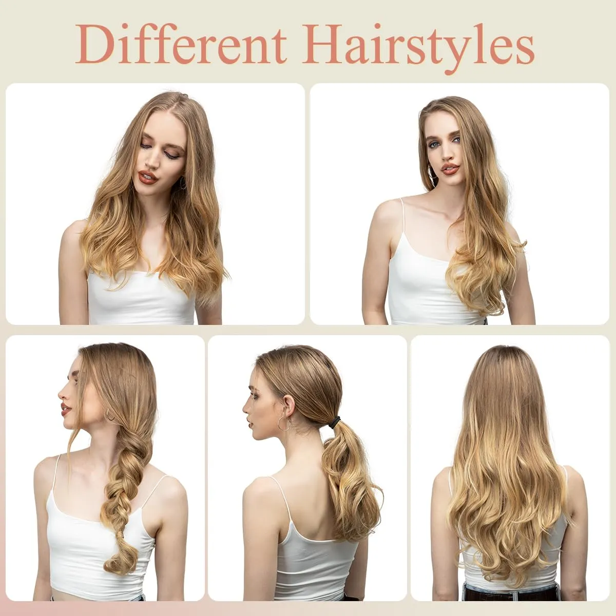 SARLA Clip in U Part Hair Extensions Synthetic Long Wavy Curly Thick Full Head Hairpiece for Women Black Brown 24 Inch
