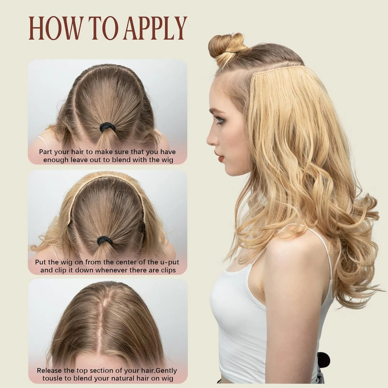 SARLA U Part Hair Extensions Dirty Blonde Full Head Clip in Synthetic Wave Curly Hairpiece Long 24 Inch for Women