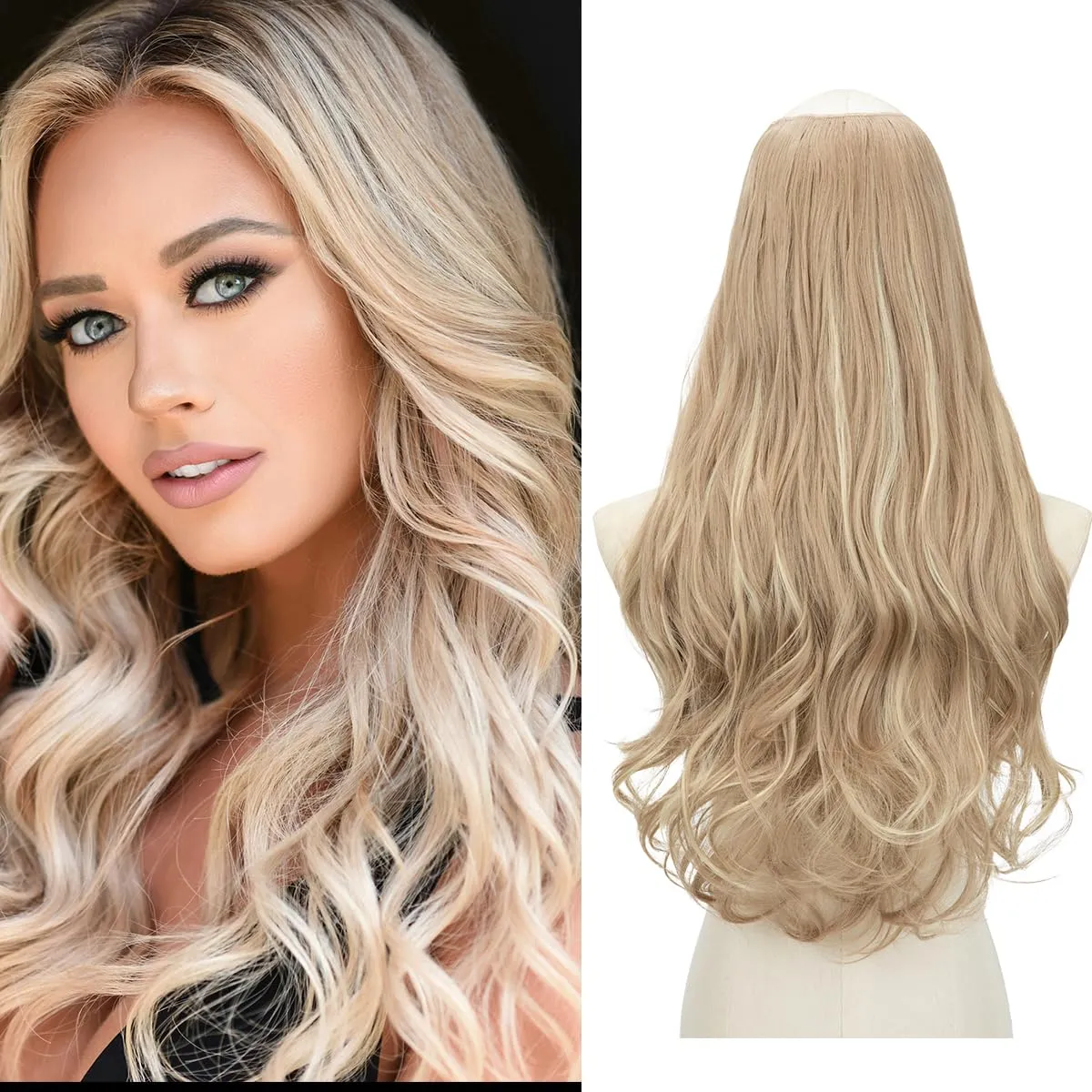 SARLA U Part Hair Extensions Dirty Blonde Full Head Clip in Synthetic Wave Curly Hairpiece Long 24 Inch for Women