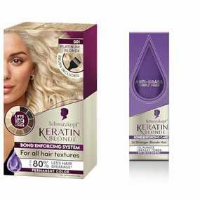 Schwarzkopf Keratin Blonde Permanent Hair Dye, Platinum Blonde 001, Ultra Lightening Kit   Schwarzkopf Keratin Blonde, Anti-Brass Purple Mask