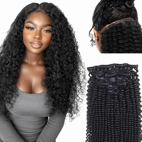Seamless Clip in Human Hair Extensions - Kinky Curly, 20 Inch, 110g Natural Black, Ultra-thin 0.8mm PU Weft, Real Human Hair