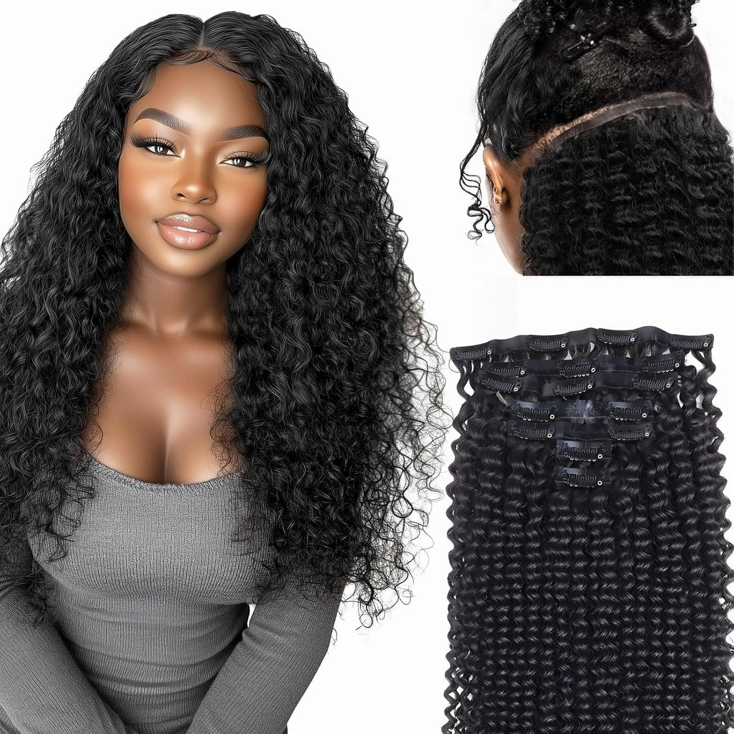 Seamless Clip in Human Hair Extensions - Kinky Curly, 20 Inch, 110g Natural Black, Ultra-thin 0.8mm PU Weft, Real Human Hair