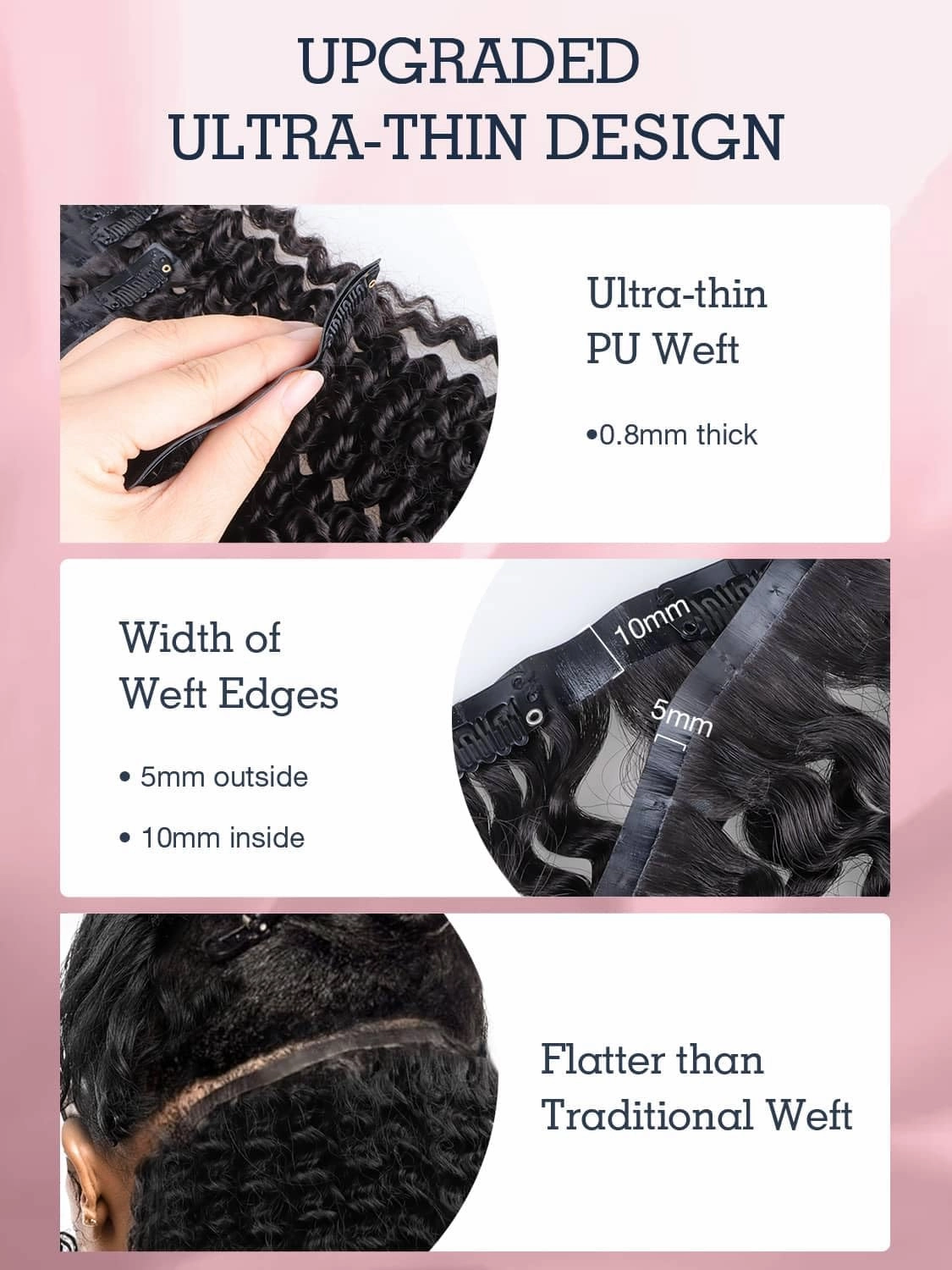Seamless Clip in Human Hair Extensions - Kinky Curly, 20 Inch, 110g Natural Black, Ultra-thin 0.8mm PU Weft, Real Human Hair