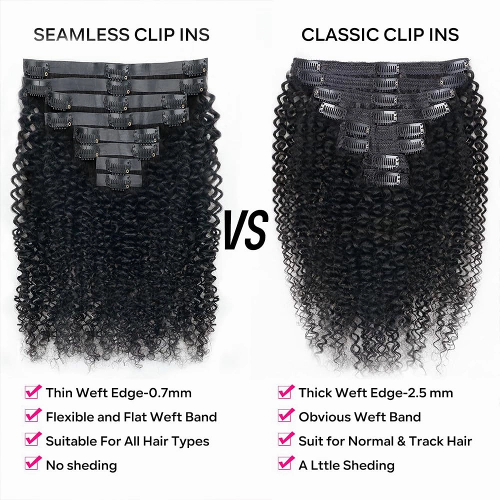 Seamless Curly Clip in Hair Extensions Real Human Hair Brazilian Virgin Human Hair Clip in Extensions 8Pcs Seamless Clip ins for Black Women with 18Clips PU Skin Weft 120g 16inch Natural Black