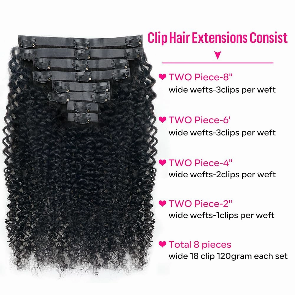 Seamless Curly Clip in Hair Extensions Real Human Hair Brazilian Virgin Human Hair Clip in Extensions 8Pcs Seamless Clip ins for Black Women with 18Clips PU Skin Weft 120g 16inch Natural Black