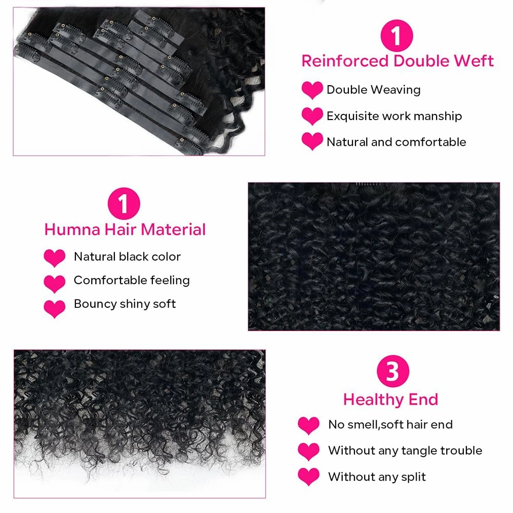 Seamless Curly Clip in Hair Extensions Real Human Hair Brazilian Virgin Human Hair Clip in Extensions 8Pcs Seamless Clip ins for Black Women with 18Clips PU Skin Weft 120g 16inch Natural Black