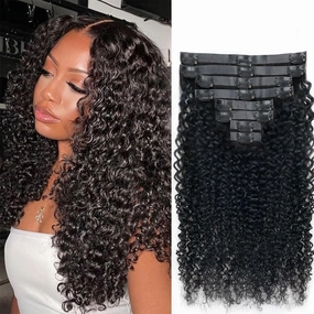 Seamless Curly Clip in Hair Extensions Real Human Hair Brazilian Virgin Human Hair Clip in Extensions 8Pcs Seamless Clip ins for Black Women with 18Clips PU Skin Weft 120g 16inch Natural Black
