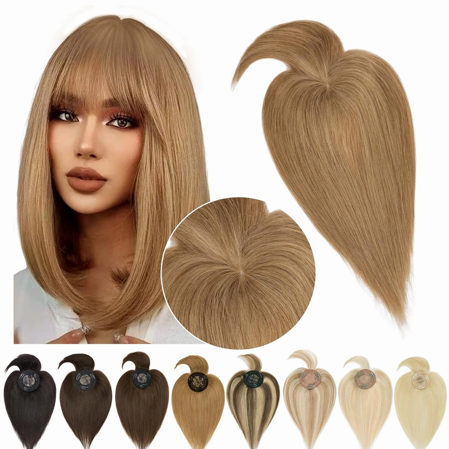 SEGO Hair Topper for Women Real Human Hair with Bangs Mono Base 14 Inch Clip In Bangs Wiglets Topper Hair Pieces for Women with Thinning Hair - 6 Light Brown