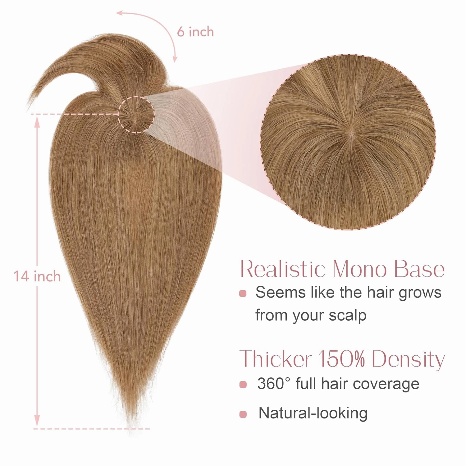 SEGO Hair Topper for Women Real Human Hair with Bangs Mono Base 14 Inch Clip In Bangs Wiglets Topper Hair Pieces for Women with Thinning Hair - 6 Light Brown
