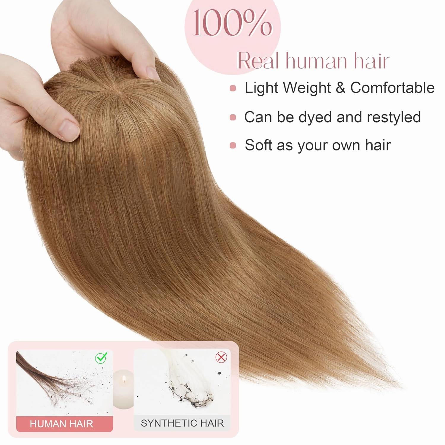 SEGO Hair Topper for Women Real Human Hair with Bangs Mono Base 14 Inch Clip In Bangs Wiglets Topper Hair Pieces for Women with Thinning Hair - 6 Light Brown