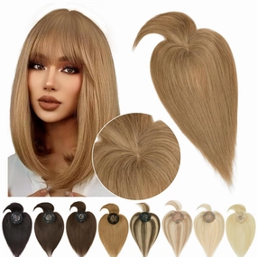SEGO Hair Topper for Women Real Human Hair with Bangs Mono Base 14 Inch Clip In Bangs Wiglets Topper Hair Pieces for Women with Thinning Hair - 6 Light Brown