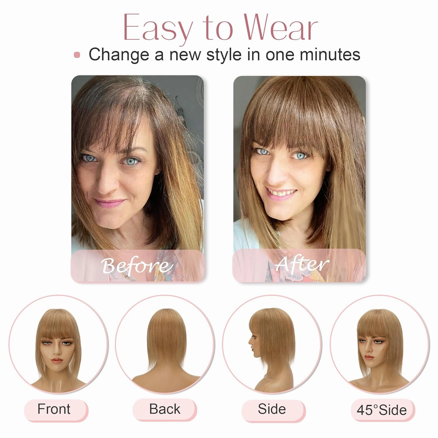 SEGO Hair Topper for Women Real Human Hair with Bangs Mono Base 14 Inch Clip In Bangs Wiglets Topper Hair Pieces for Women with Thinning Hair - 6 Light Brown