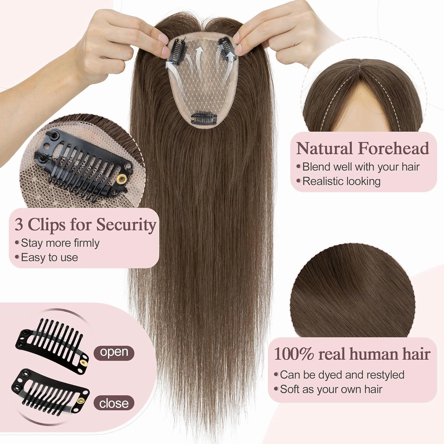 SEGO Hair Toppers for Women Real Human Hair Large Full Silk Base 9 * 14 cm Free Part No Bangs 150% Density Clip In Topper Hairpieces for Women with Thinning Hair -14 Inch #2Y Dark Smoky Brown