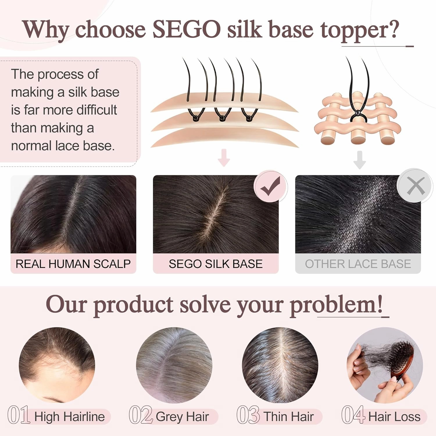SEGO Hair Toppers for Women Real Human Hair Large Full Silk Base 9 * 14 cm Free Part No Bangs 150% Density Clip In Topper Hairpieces for Women with Thinning Hair -14 Inch #2Y Dark Smoky Brown
