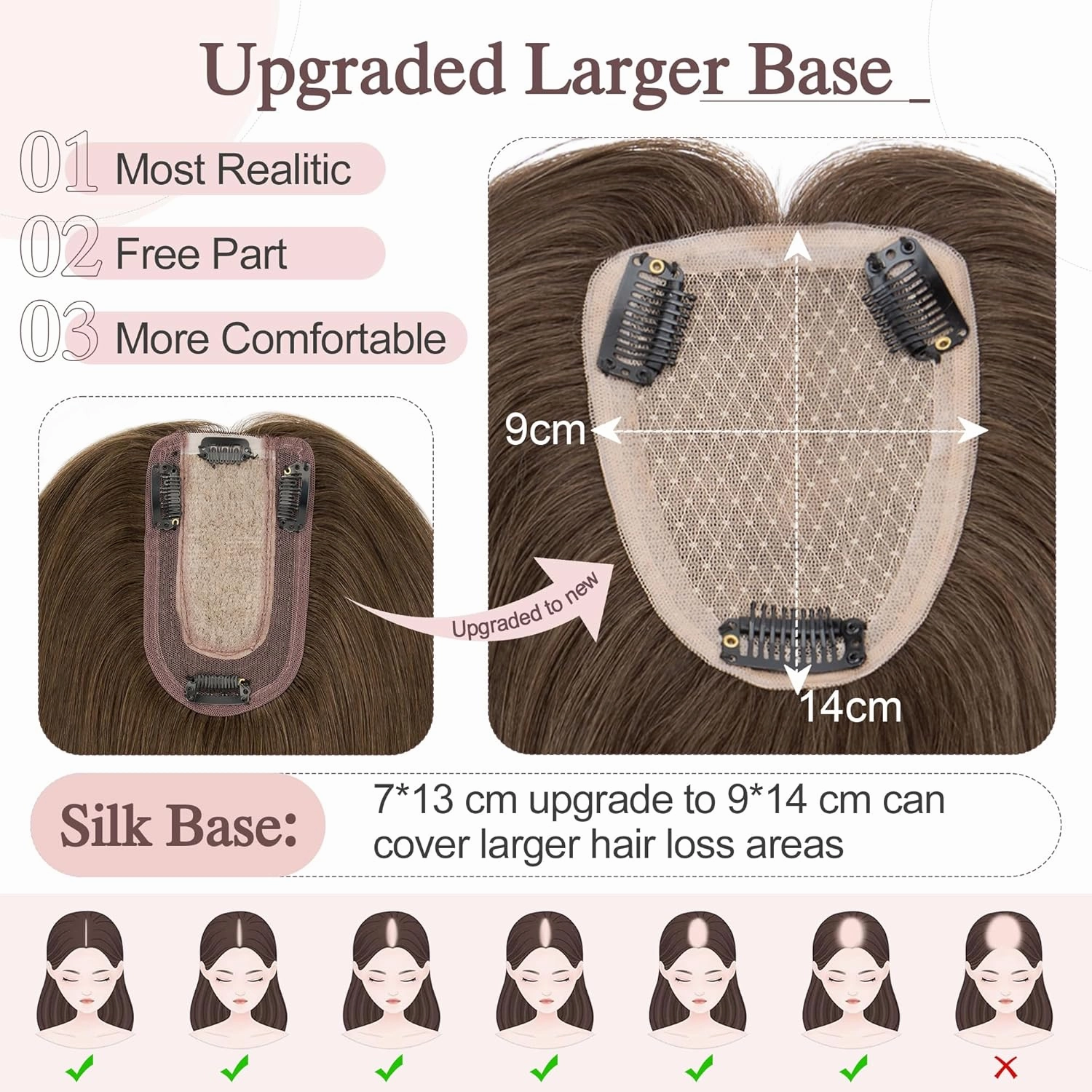SEGO Hair Toppers for Women Real Human Hair Large Full Silk Base 9 * 14 cm Free Part No Bangs 150% Density Clip In Topper Hairpieces for Women with Thinning Hair -14 Inch #2Y Dark Smoky Brown