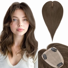 SEGO Hair Toppers for Women Real Human Hair Large Full Silk Base 9 * 14 cm Free Part No Bangs 150% Density Clip In Topper Hairpieces for Women with Thinning Hair -14 Inch #2Y Dark Smoky Brown