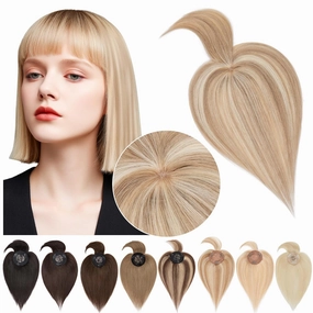 SEGO Hair Toppers for Women Real Human Hair with Bangs Mono Base 14 Inch Clip In Bangs Wiglets Topper Hair Pieces for Women with Thinning Hair -12P613 Golden Brown&Bleach Blonde