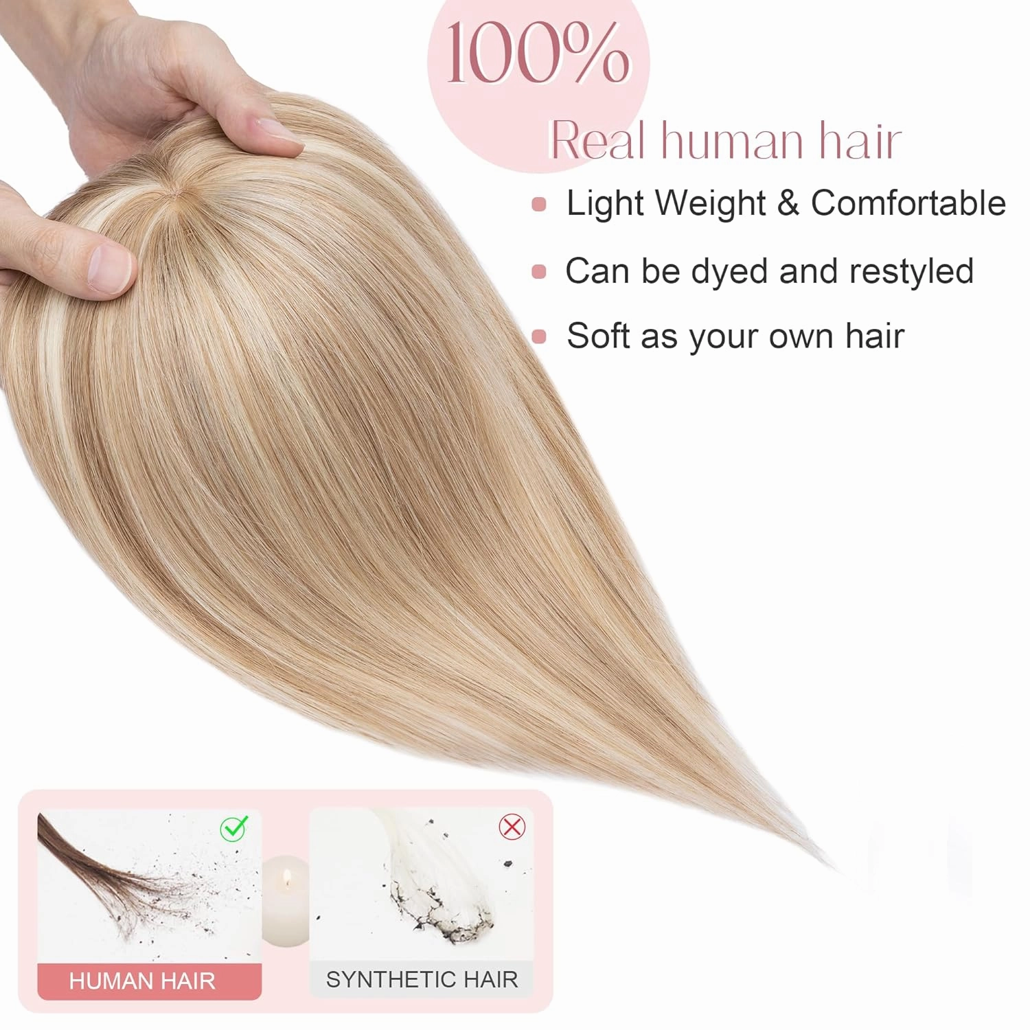 SEGO Hair Toppers for Women Real Human Hair with Bangs Mono Base 14 Inch Clip In Bangs Wiglets Topper Hair Pieces for Women with Thinning Hair -12P613 Golden Brown&Bleach Blonde