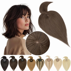 SEGO Hair Toppers for Women Real Human Hair with Bangs Mono Base 14 Inch Clip In Bangs Wiglets Topper Hair Pieces for Women with Thinning Hair #2Y Dark Smoky Brown