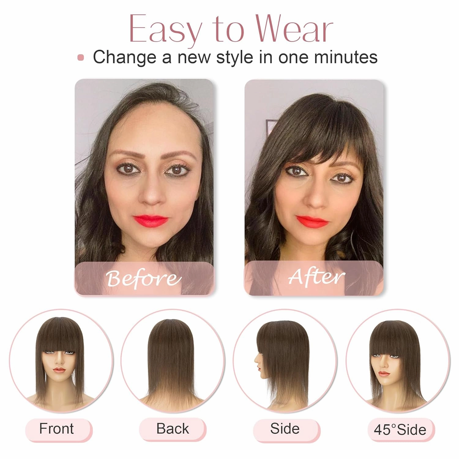 SEGO Hair Toppers for Women Real Human Hair with Bangs Mono Base 14 Inch Clip In Bangs Wiglets Topper Hair Pieces for Women with Thinning Hair #2Y Dark Smoky Brown