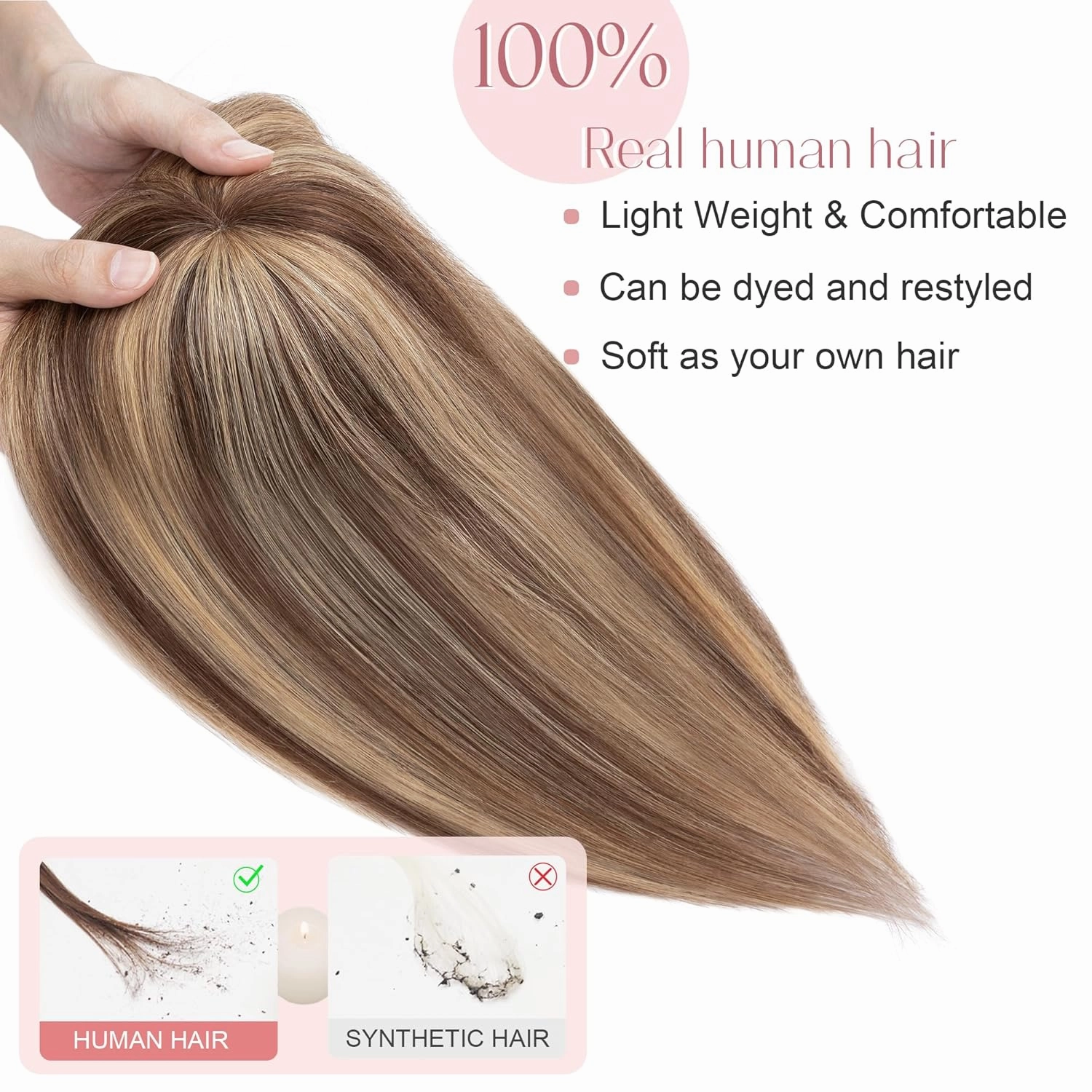 SEGO Hair Toppers for Women Real Human Hair with Bangs Mono Base 14 Inch Clip In Bangs Wiglets Topper Hair Pieces for Women with Thinning Hair -4P27 Medium Brown&Dark Blonde