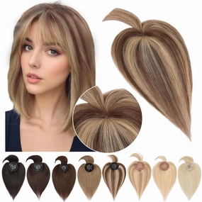 SEGO Hair Toppers for Women Real Human Hair with Bangs Mono Base 14 Inch Clip In Bangs Wiglets Topper Hair Pieces for Women with Thinning Hair -4P27 Medium Brown&Dark Blonde