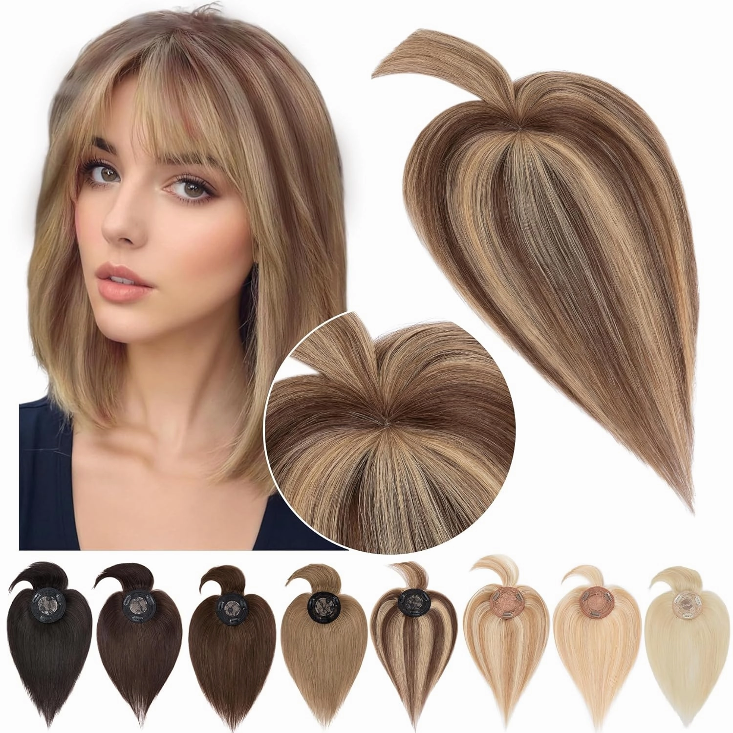 SEGO Hair Toppers for Women Real Human Hair with Bangs Mono Base 14 Inch Clip In Bangs Wiglets Topper Hair Pieces for Women with Thinning Hair -4P27 Medium Brown&Dark Blonde