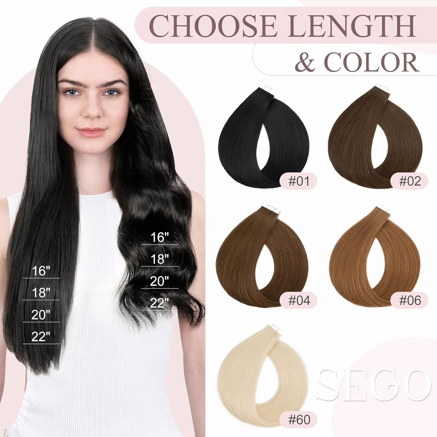 SEGO Tape In Hair Extensions Human Hair Dark Smoky Brown 20 Inch New Upgrade Pro Remy Hair Longer Lifespan Double Weft Invisible Tape Ins Hair Halloween Gifts for Women Girls 50g/pack