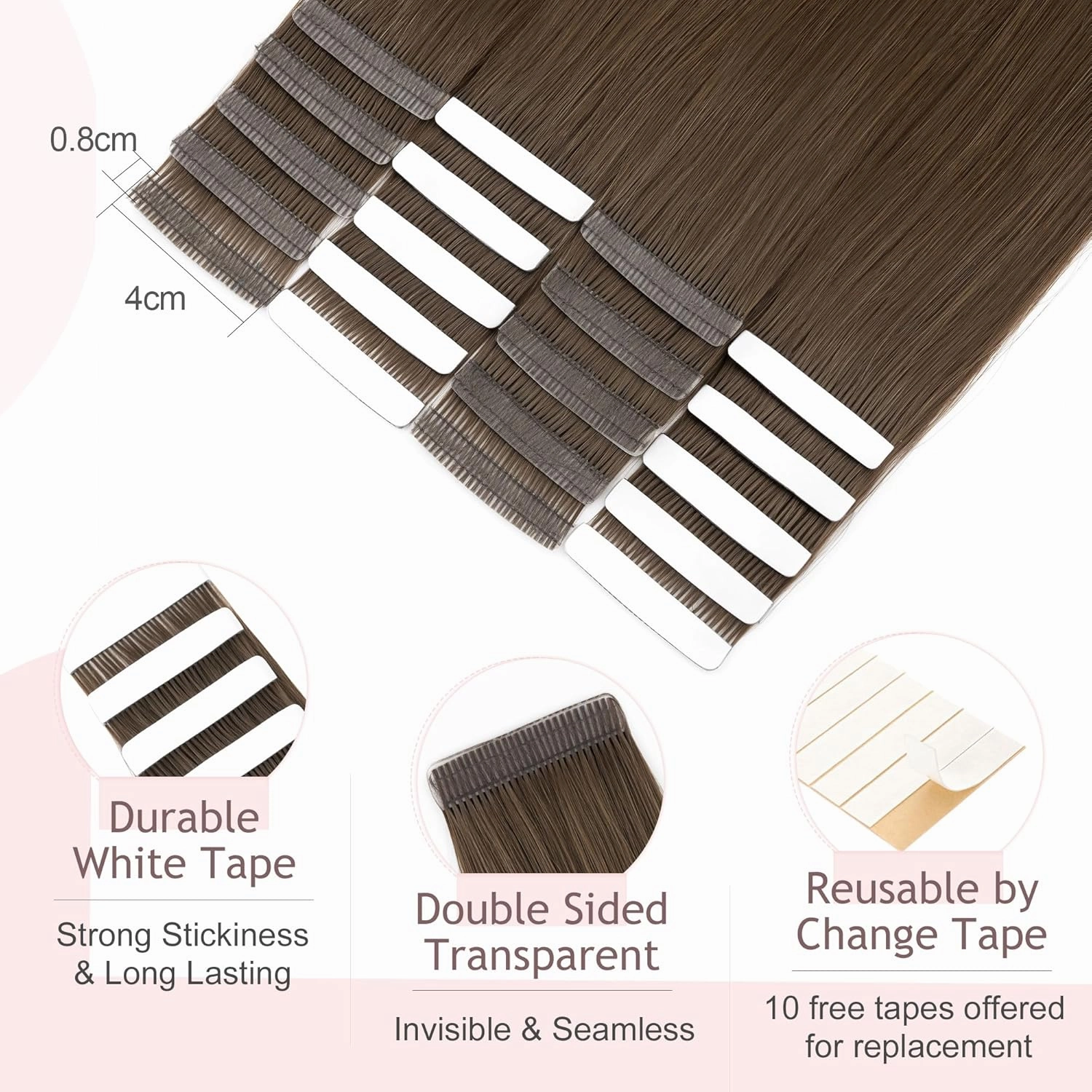 SEGO Tape In Hair Extensions Human Hair Dark Smoky Brown 20 Inch New Upgrade Pro Remy Hair Longer Lifespan Double Weft Invisible Tape Ins Hair Halloween Gifts for Women Girls 50g/pack