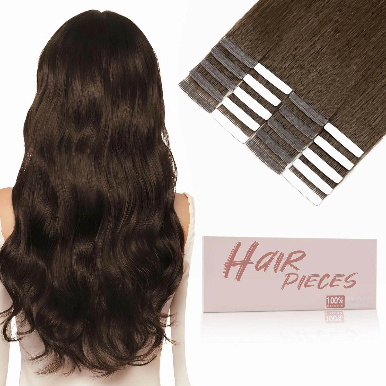 SEGO Tape In Hair Extensions Human Hair Dark Smoky Brown 20 Inch New Upgrade Pro Remy Hair Longer Lifespan Double Weft Invisible Tape Ins Hair Halloween Gifts for Women Girls 50g/pack