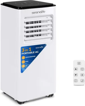 SereneLife 8000 BTU Portable Air Conditioner - 3-in-1 Compact Standing Air Conditioner for Room Up to 300 Sq. Ft. - Floor AC Unit with Remote Control - Universal Casters, Window Mount Kit