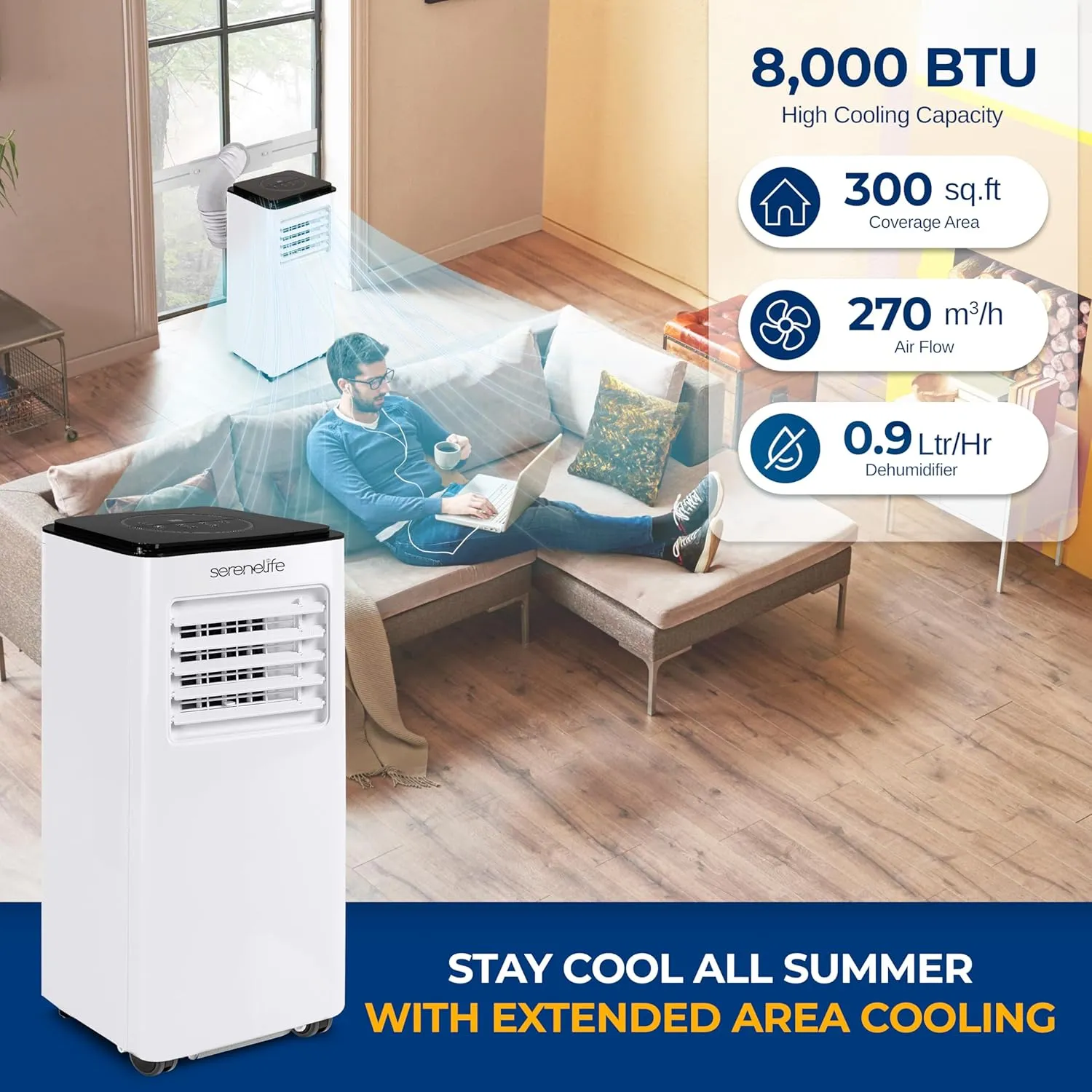 SereneLife 8000 BTU Portable Air Conditioner - 3-in-1 Compact Standing Air Conditioner for Room Up to 300 Sq. Ft. - Floor AC Unit with Remote Control - Universal Casters, Window Mount Kit