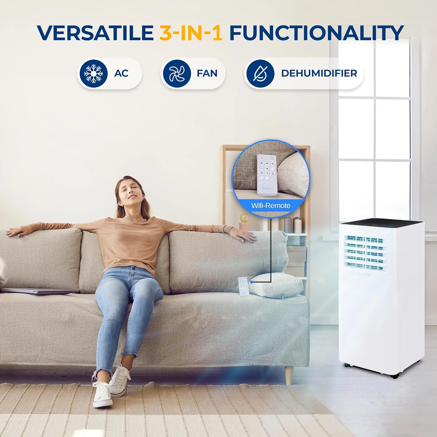 SereneLife SLPAC105W.5 Portable Air Conditioner-Compact Home A/C Cooling Unit with Built-in Dehumidifier & Fan Modes, Includes Window Mount Kit, 10,000 BTU   WiFi, White