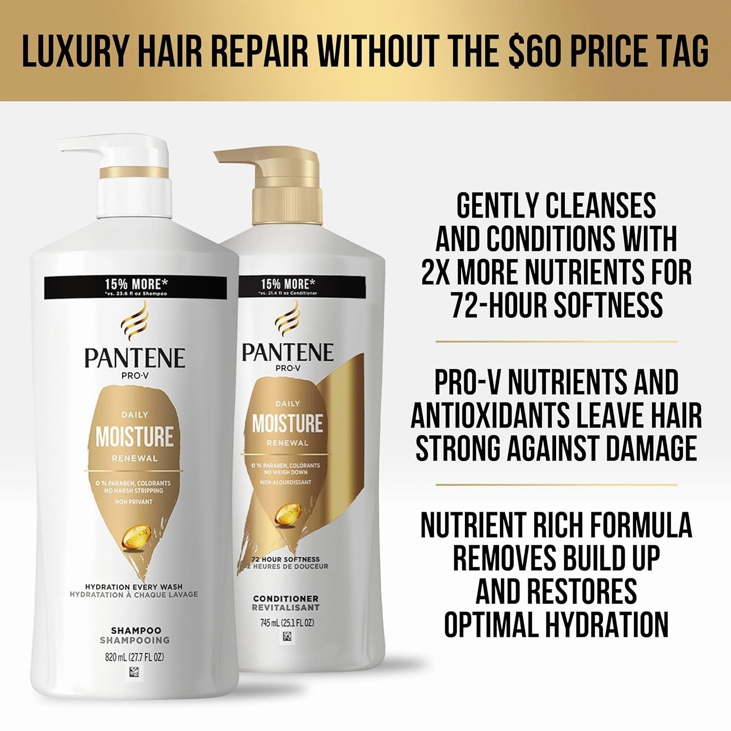 Shampoo & Conditioner Set, Daily Moisture Renewal with Pro-V Nutrients for Dry, Color-Treated Hair, Long-Lasting Hydration & Nourishment, 27.7 Fl Oz Each, 2-Pack   Miracle Rescue Shot (0.5 Oz)