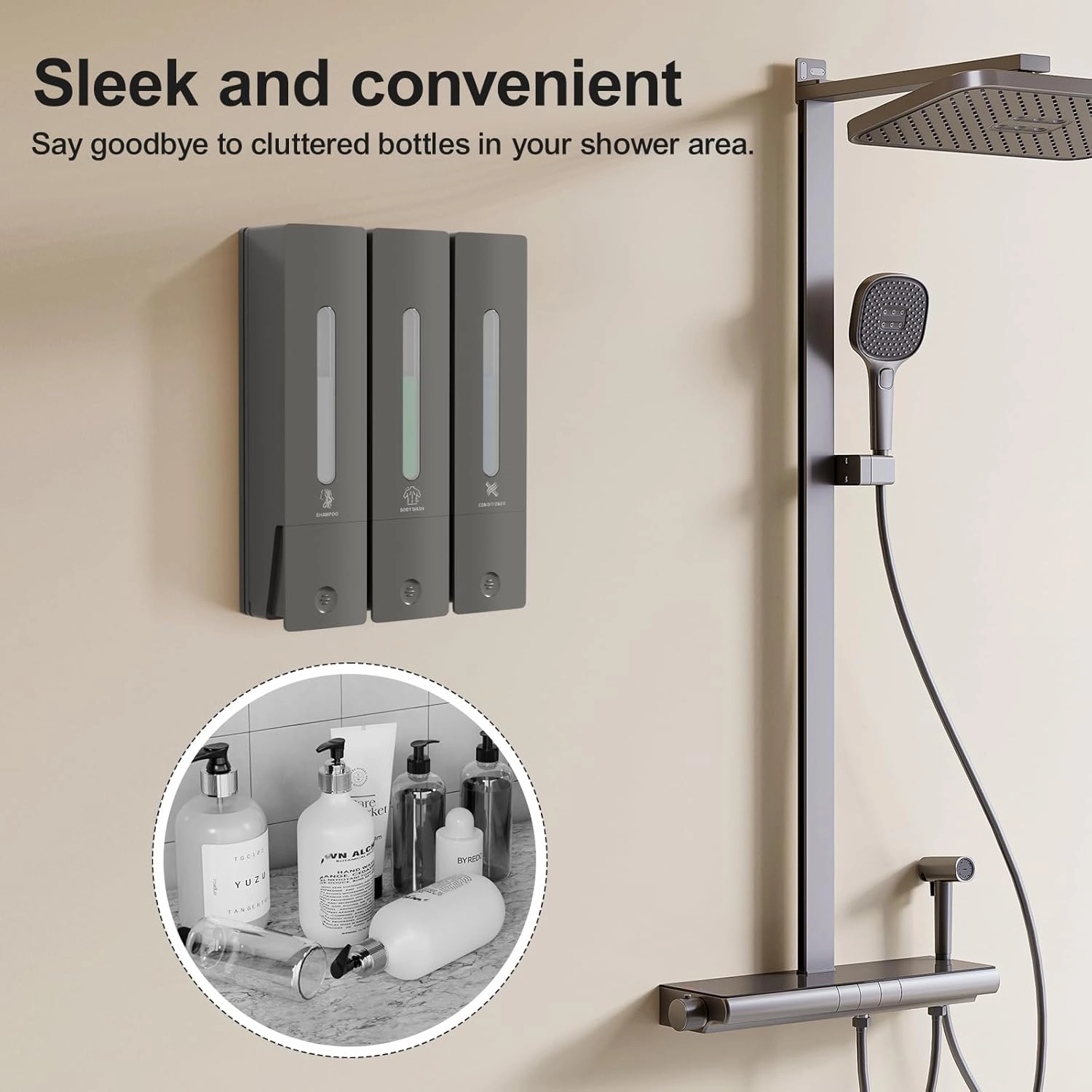 Shampoo and Conditioner Dispenser - Wall-Mounted 3-Chamber Shower Soap Dispenser, No-Drill, 1200ML Capacity, for Bathroom & Hotel