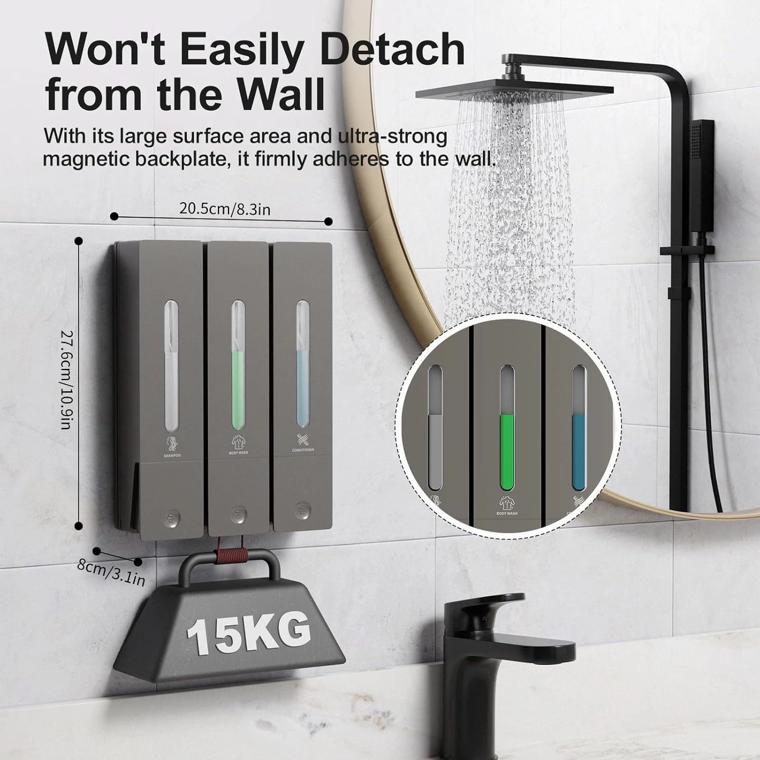 Shampoo and Conditioner Dispenser - Wall-Mounted 3-Chamber Shower Soap Dispenser, No-Drill, 1200ML Capacity, for Bathroom & Hotel