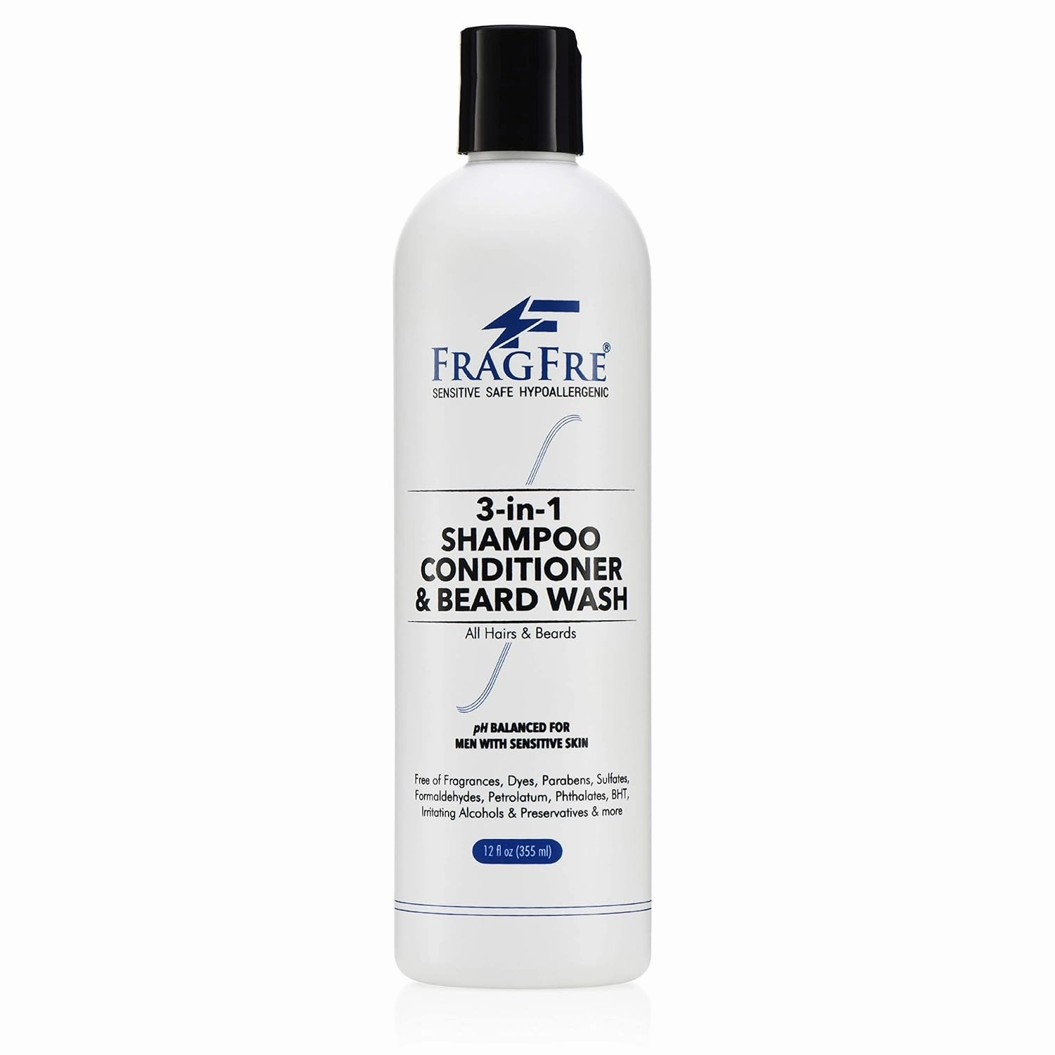 Shampoo Conditioner and Beard Wash for Men, 12 oz - Unscented, Sensitive Skin, 3 in 1 Hair and Beard Cleansing and Conditioning, Grooming Product