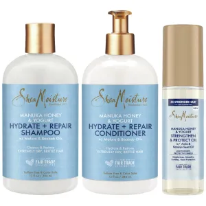 Shea Moisture Shampoo & Conditioner Set   Strengthen & Protect Oil Gift Set – Manuka Honey & Yogurt Hydrate   Repair, Hair Treatment for Dry, Damaged Hair (3 Piece Set)