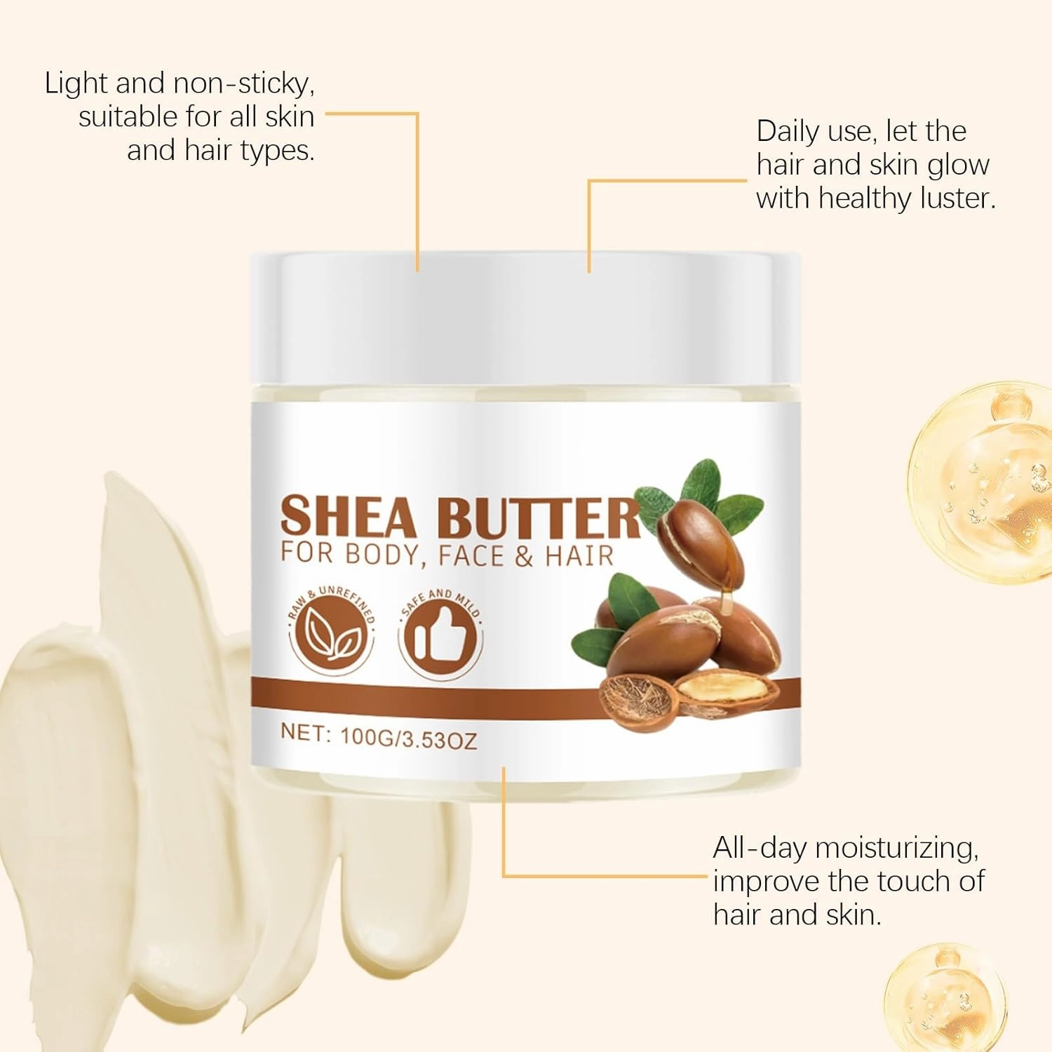 Shea Butter for Body Face & Hair, Shea Butter Raw Organic Body Lotion, Hydrating Face Cream for Dry Skin, Hair Moisturizer, Multi Functional Nourishing Care Oil for Women Men, 3.53 Oz (3pcs, 3.53 Oz)
