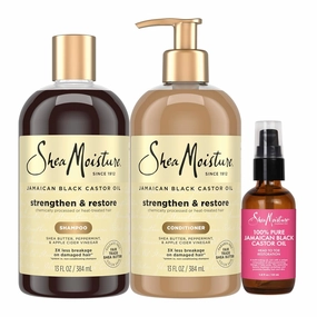 SheaMoisture Strengthen and Restore Shampoo, Conditioner and Body Care Oil Set for Dry Skin and Hair - Jamaican Black Castor Oil with Shea Butter