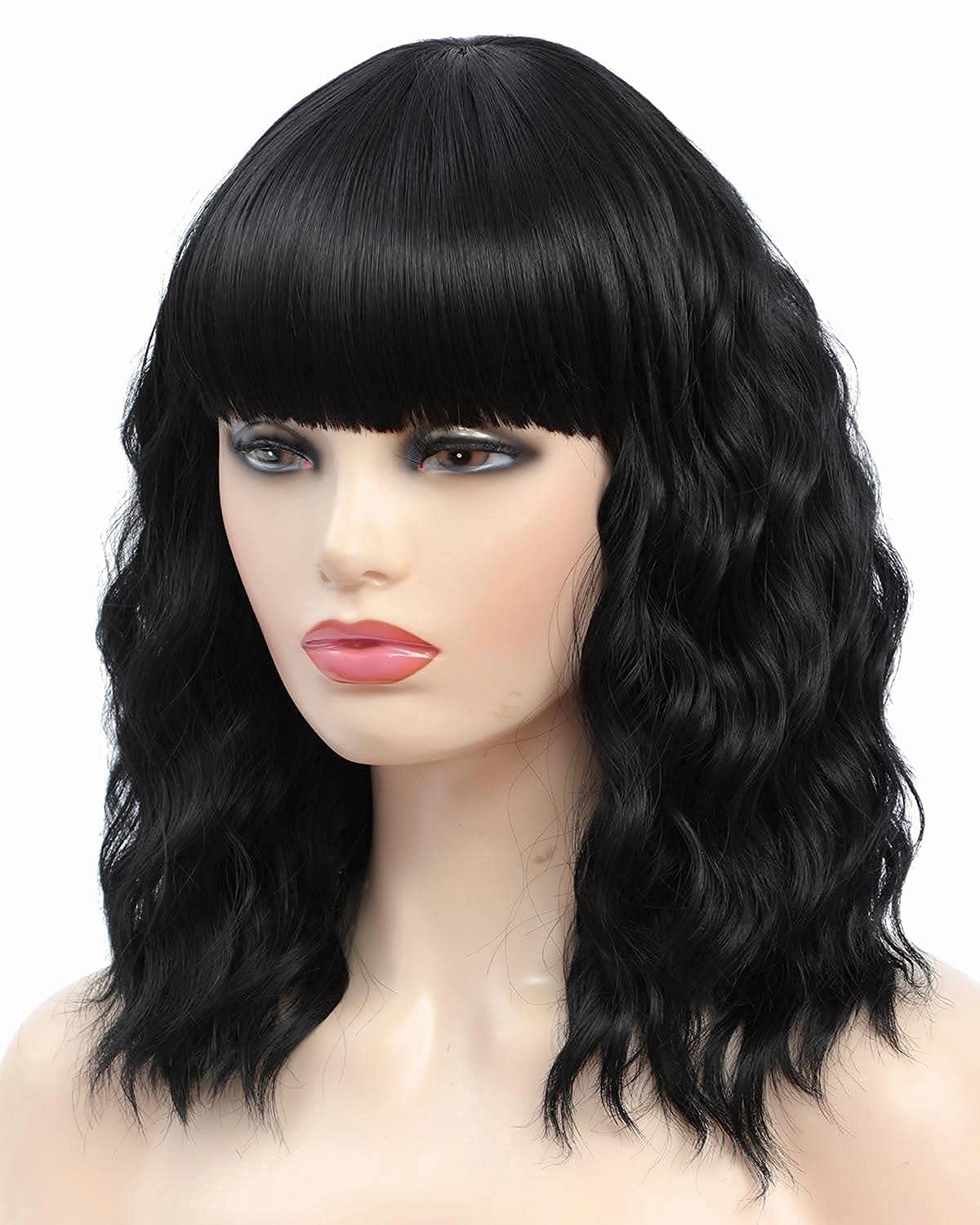 Short Bob Curly Wigs with Hair Bangs Wavy Wigs for Women Girls Shoulder Length Colored Heat Resistant Synthetic Wig Daily Party Cosplay Wig 14 Inch