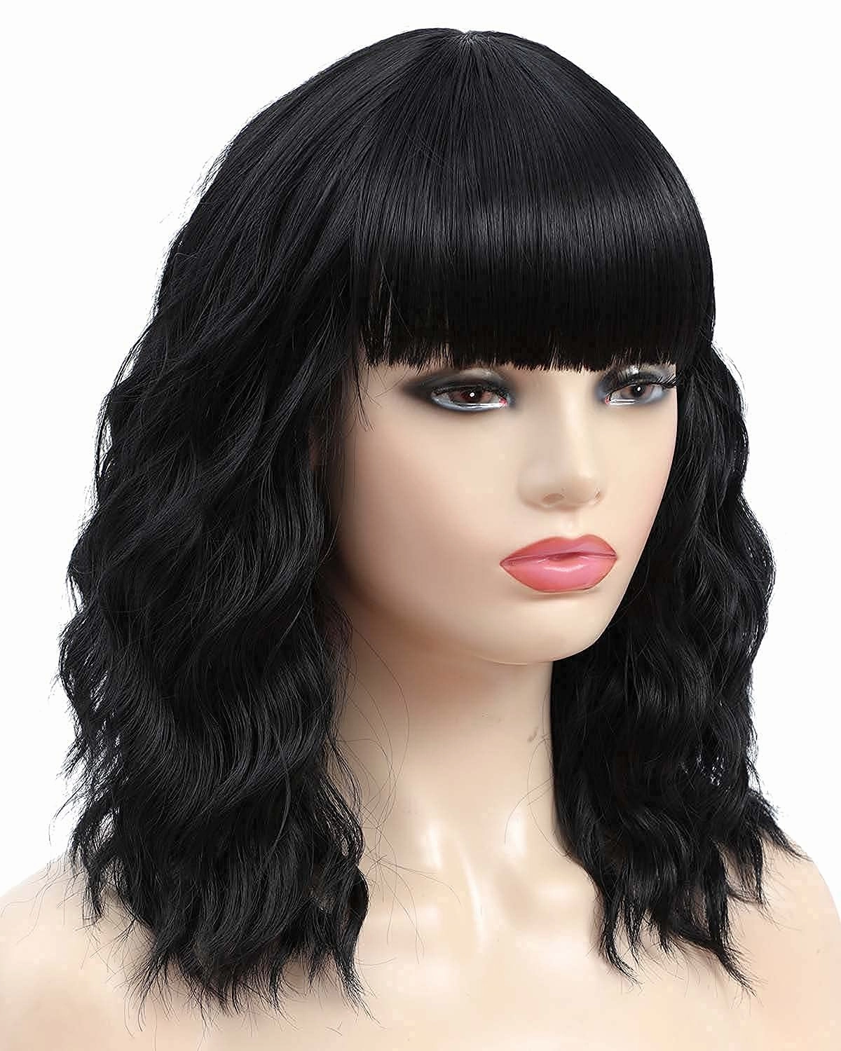 Short Bob Curly Wigs with Hair Bangs Wavy Wigs for Women Girls Shoulder Length Colored Heat Resistant Synthetic Wig Daily Party Cosplay Wig 14 Inch