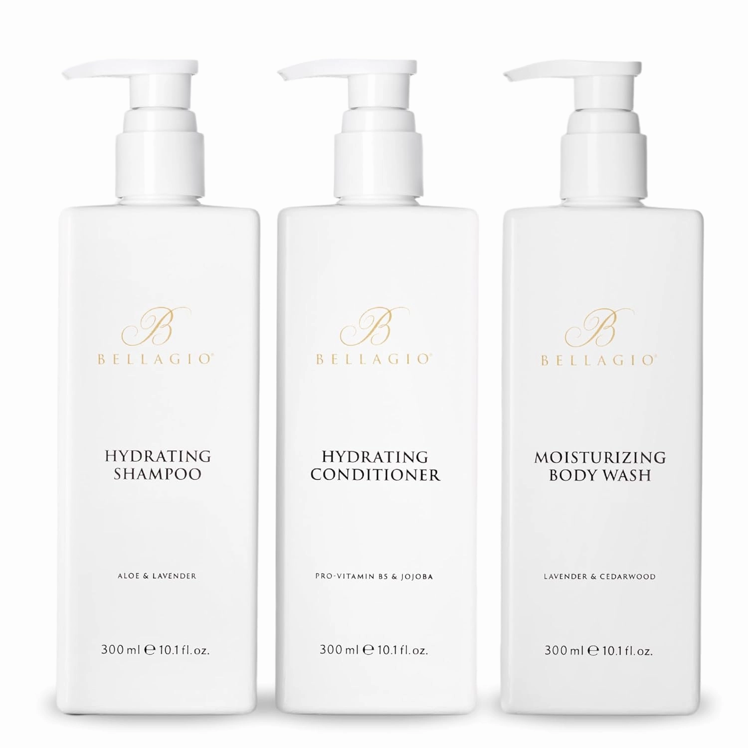 Shower Set - Shampoo, Conditioner, Body Wash - Scented with Cedarwood, Green Mandarin, Lavender - Vegas Hotel Bath Amenities - 10 oz, White