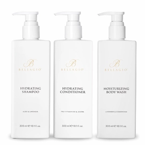 Shower Set - Shampoo, Conditioner, Body Wash - Scented with Cedarwood, Green Mandarin, Lavender - Vegas Hotel Bath Amenities - 10 oz, White