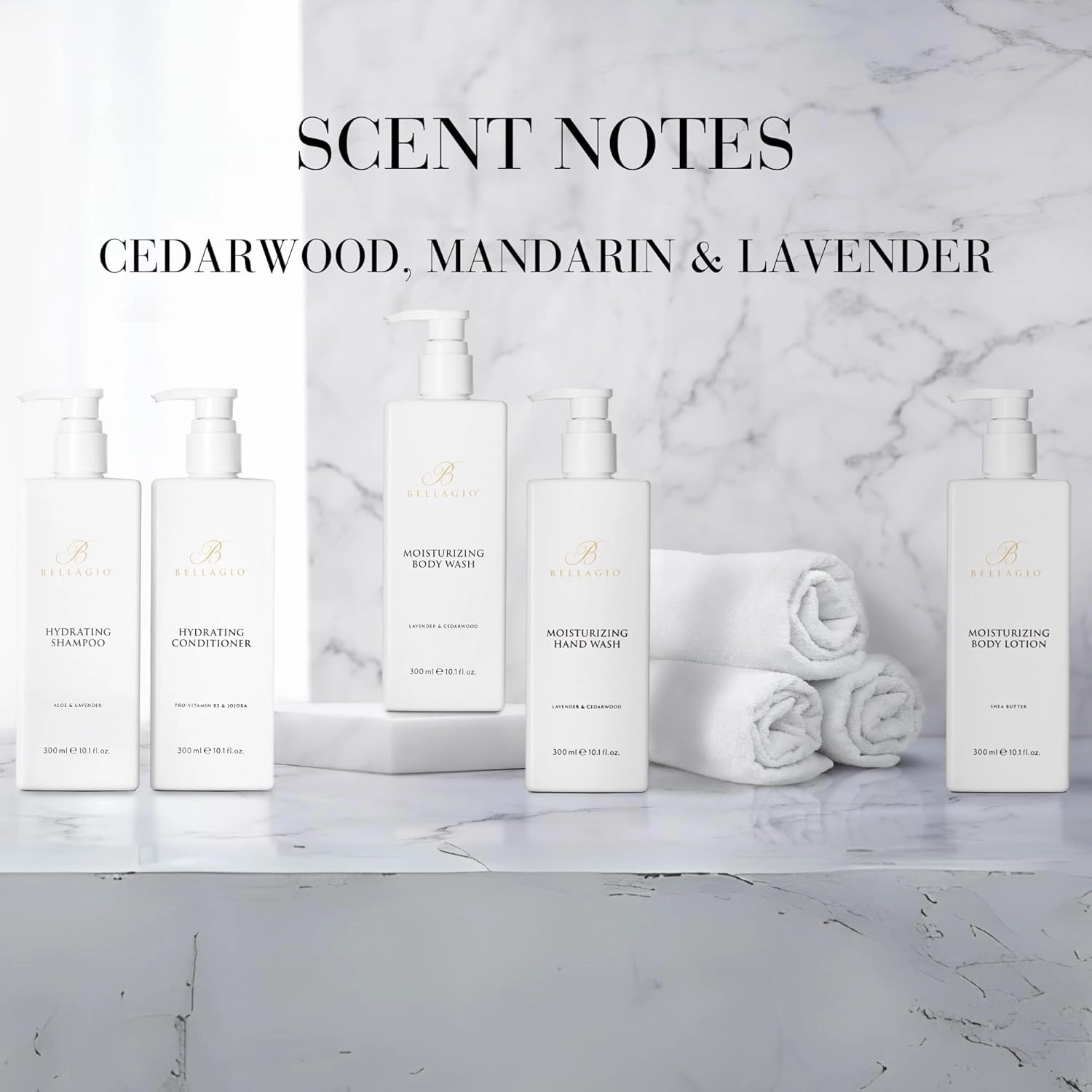 Shower Set - Shampoo, Conditioner, Body Wash - Scented with Cedarwood, Green Mandarin, Lavender - Vegas Hotel Bath Amenities - 10 oz, White