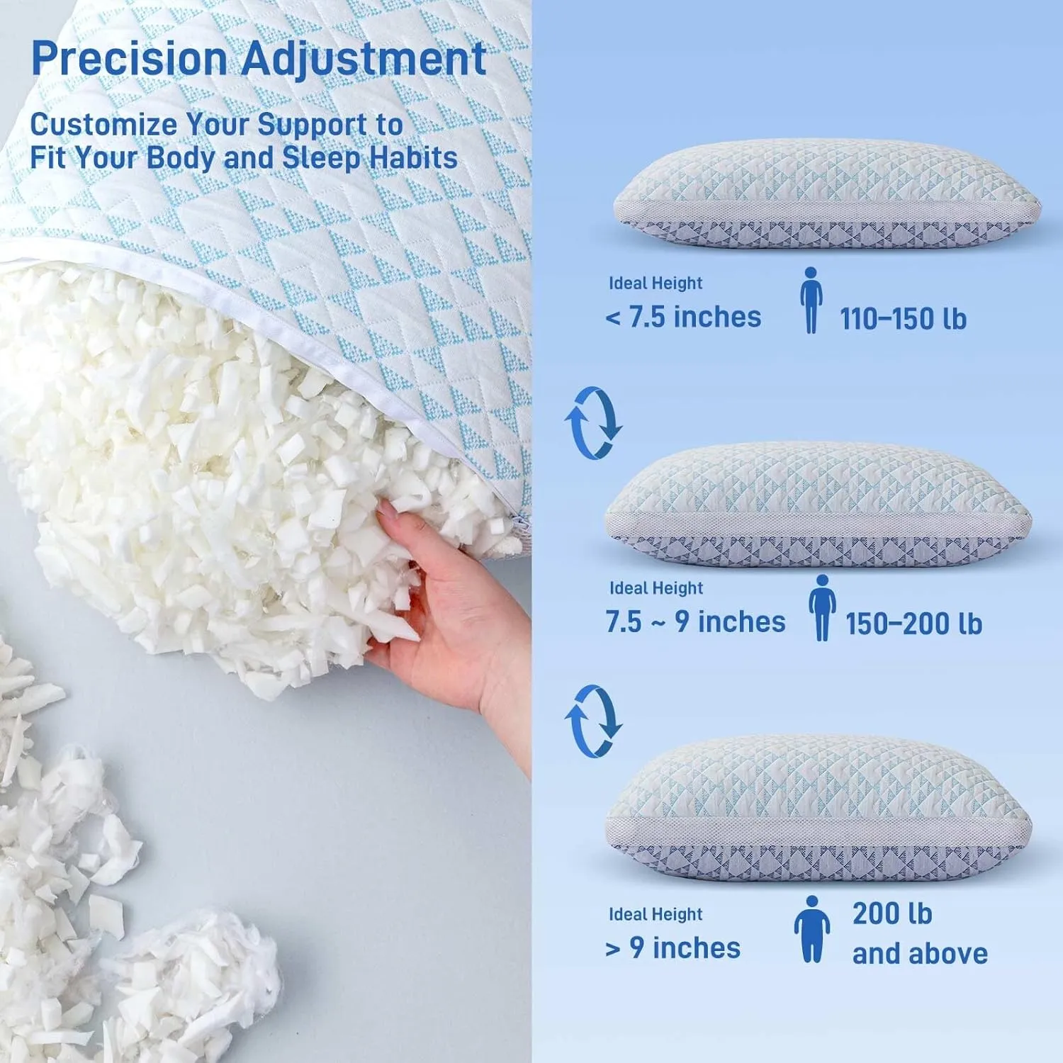 Shredded Memory Foam Cooling Soft Bamboo Viscose Pillows Queen Size Set of 2, Adjustable Hypoallergenic Hotel Quality Bed Pillows for Stomach, Back and Side Sleeper, Oeko-TEX Certified