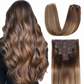 Sisily Clip in Hair Extensions Real Human Hair, 12 inch 70g, Chocolate Brown to Blonde Balayage, 100% Brazilian Remy Human Hair Clip in Extensions Soft Straight 7pcs Per Set with 16 Clips Double Weft