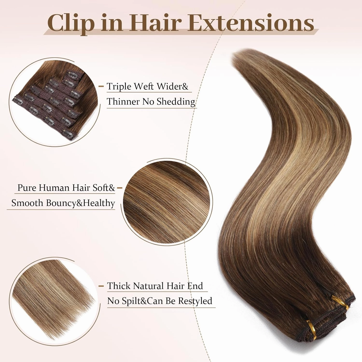 Sisily Clip in Hair Extensions Real Human Hair, 12 inch 70g, Chocolate Brown to Blonde Balayage, 100% Brazilian Remy Human Hair Clip in Extensions Soft Straight 7pcs Per Set with 16 Clips Double Weft