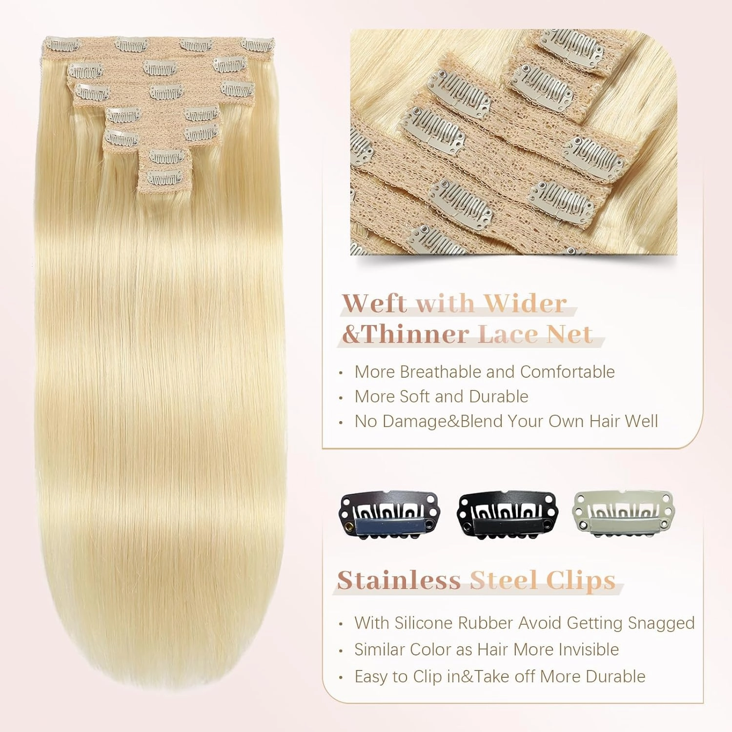 Sisily Clip in Hair Extensions Real Human Hair, 14 inch 70g, Bleach Blonde, 100% Brazilian Remy Human Hair Clip in Extensions Soft Straight 7pcs Per Set with 16 Clips Double Weft