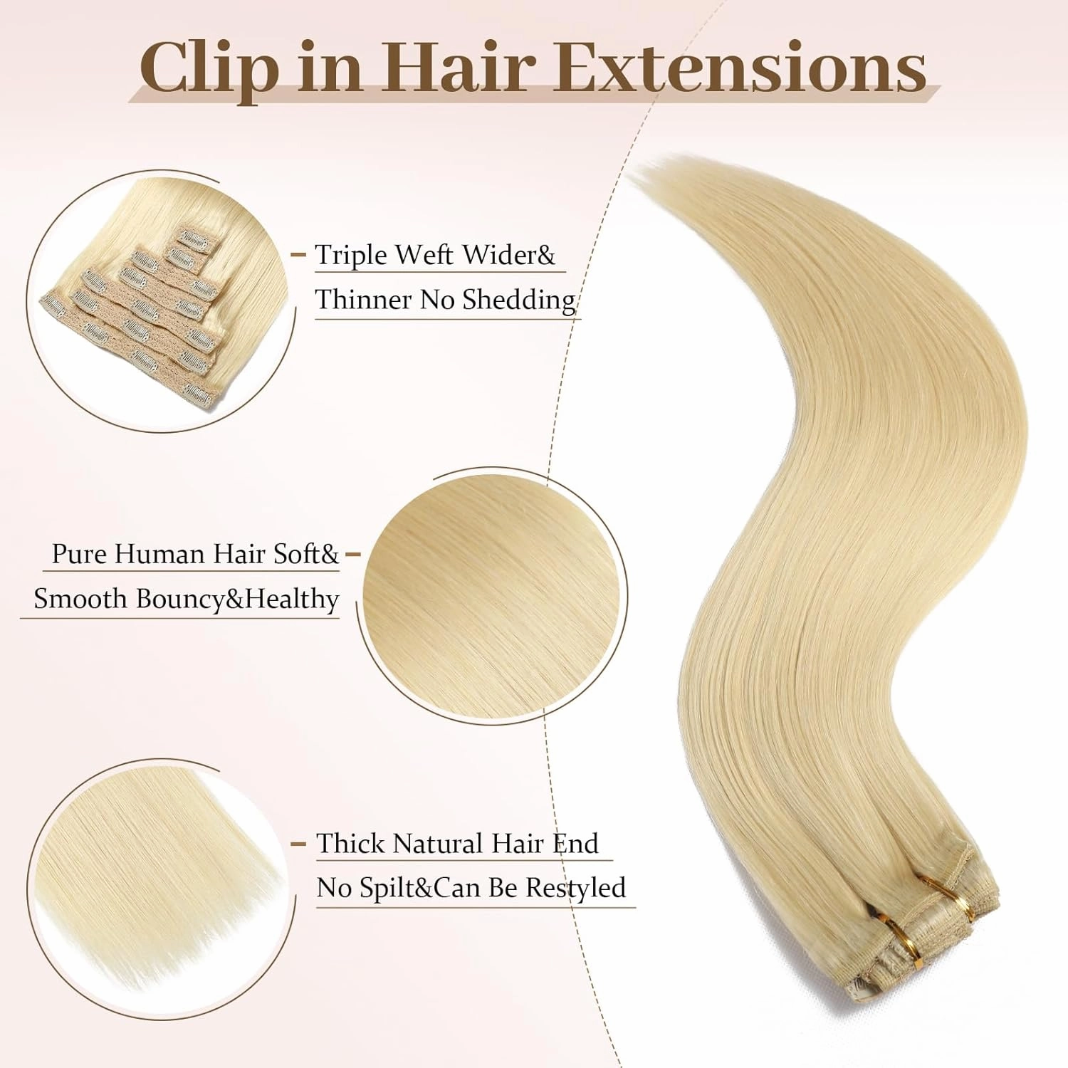 Sisily Clip in Hair Extensions Real Human Hair, Premium Human Hair Clip in Extensions Bleach Blonde, Soft Straight Hair Extensions Real Human Hair Clip ins 7PCS Double Weft（18 Inch #613）